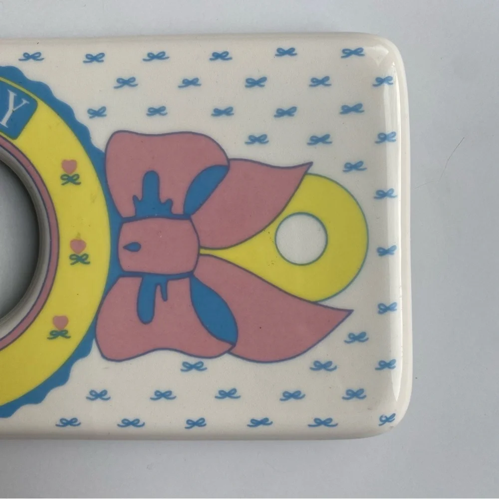 Vintage Baby Frame Ceramic Photo Girl Rattle With Bow Yellow 7” X 4” Photo: 2”